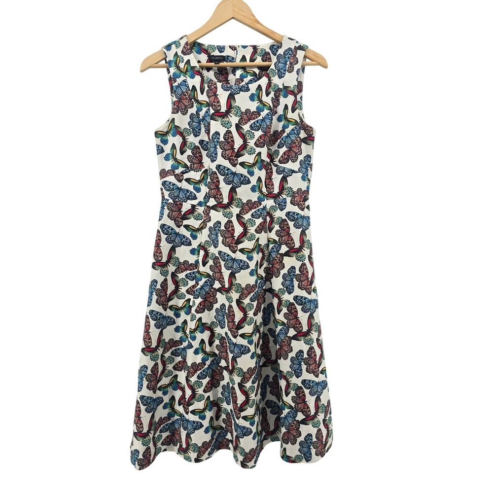 Talbots Fit & Flare Dress Womens 2 Linen Butterfly Print White Multi EUC